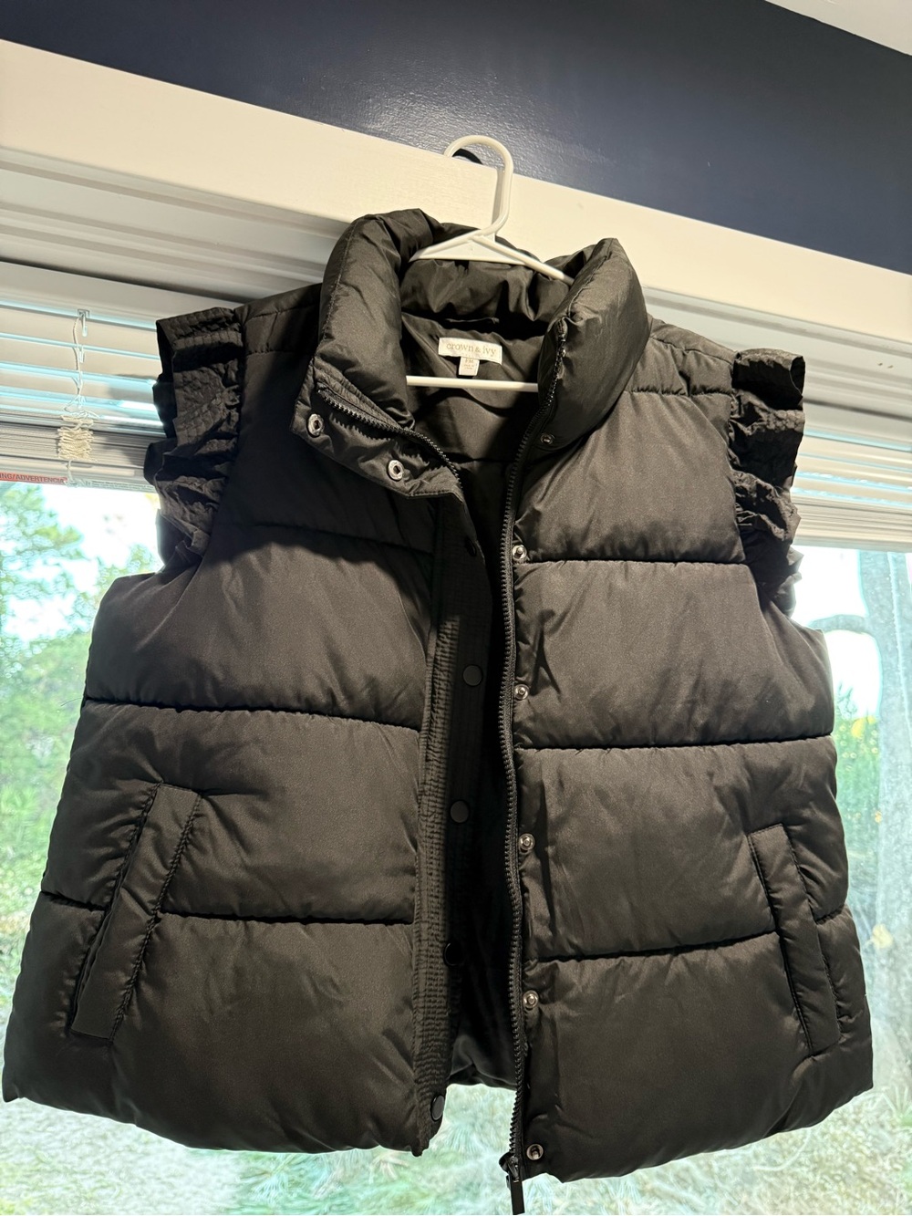 crown & ivy Black Quilted Vest with Ruffle Trim